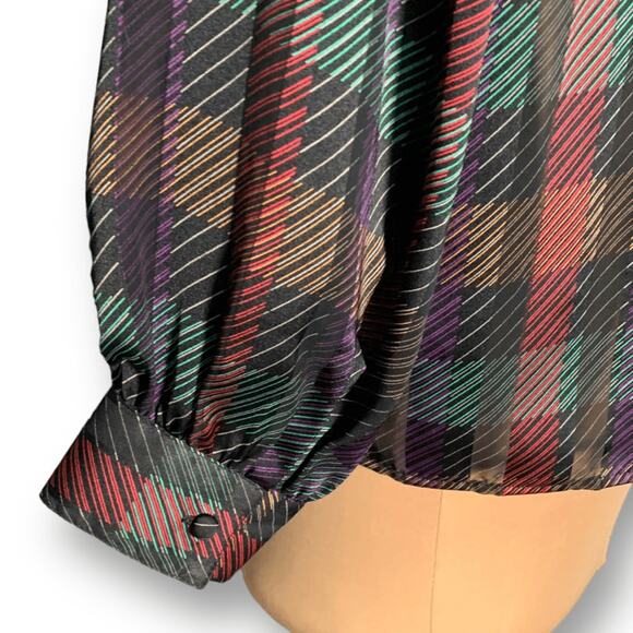 Vintage Notations Burgundy Plaid Blouse Satin Button Shoulder Long Sleeve Large - Picture 6 of 11